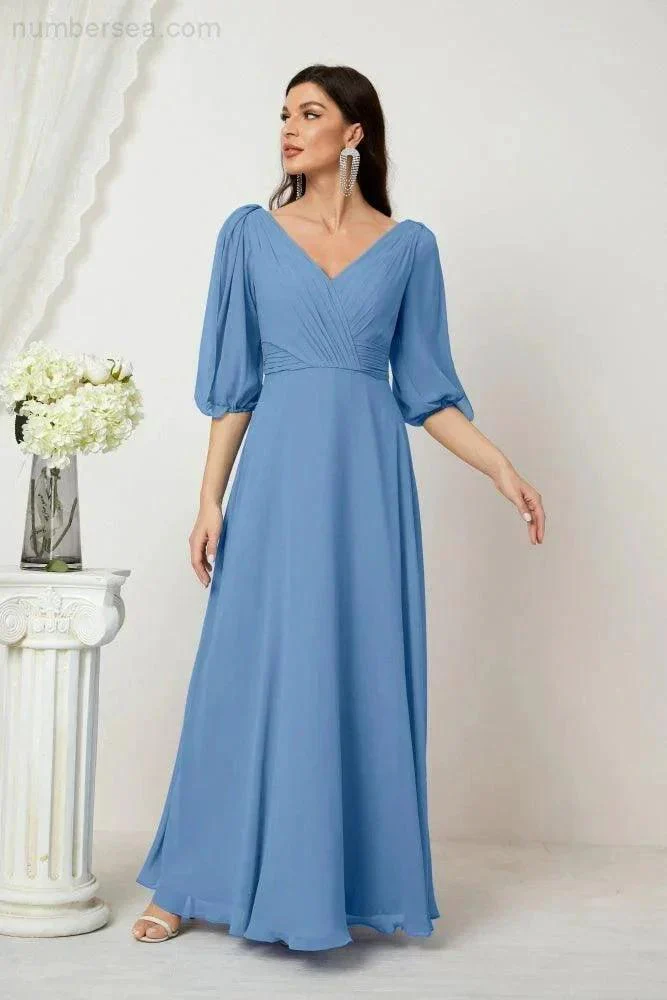Numbersea  Formal Prom Gown Women V-Neck Chiffon Bridesmaid Dresses Long Bishop Sleeve Party Dress 2807 - Image 39