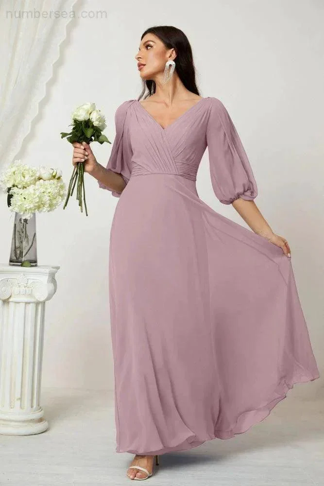 Numbersea  Formal Prom Gown Women V-Neck Chiffon Bridesmaid Dresses Long Bishop Sleeve Party Dress 2807 - Image 4