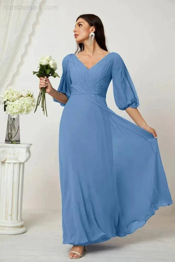Numbersea  Formal Prom Gown Women V-Neck Chiffon Bridesmaid Dresses Long Bishop Sleeve Party Dress 2807 - Image 40