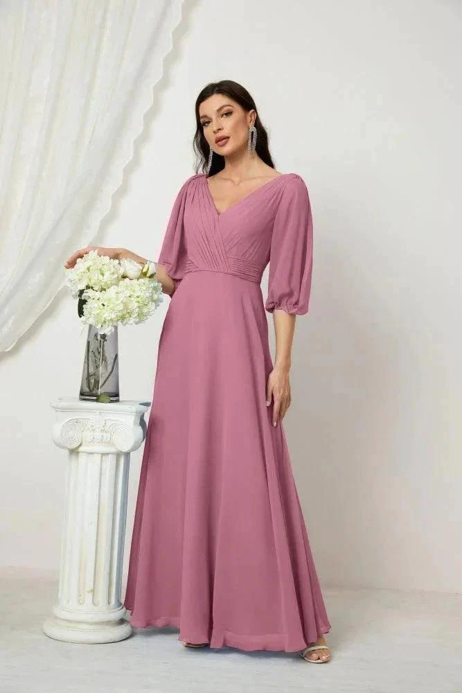 Numbersea  Formal Prom Gown Women V-Neck Chiffon Bridesmaid Dresses Long Bishop Sleeve Party Dress 2807 - Image 41
