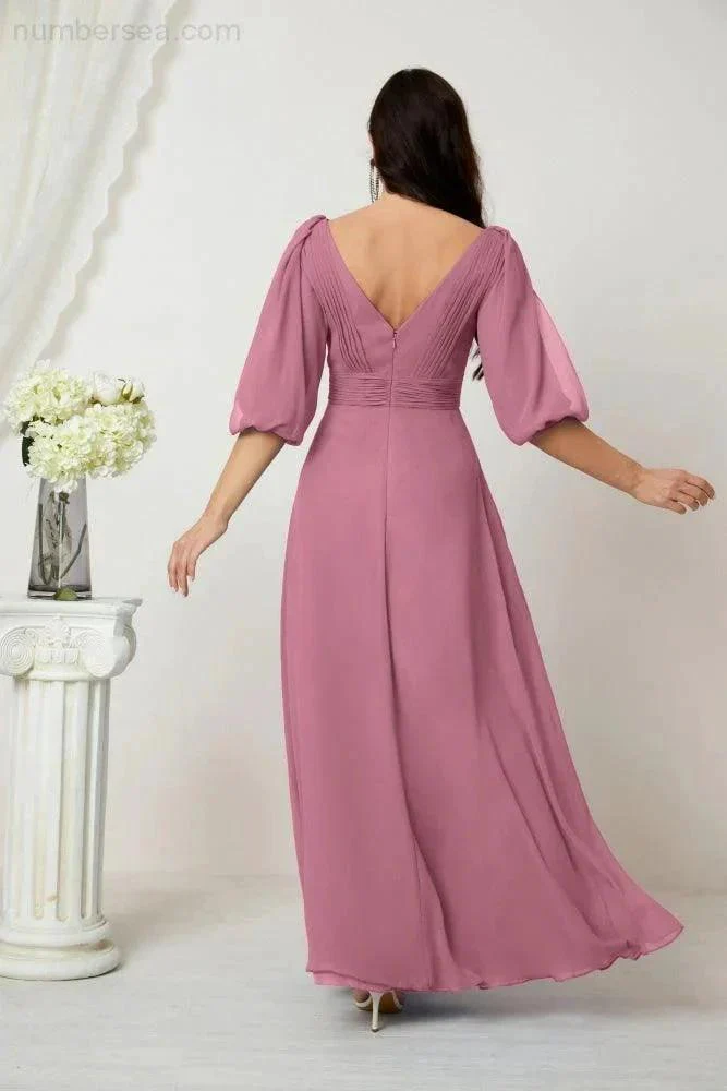 Numbersea  Formal Prom Gown Women V-Neck Chiffon Bridesmaid Dresses Long Bishop Sleeve Party Dress 2807 - Image 42