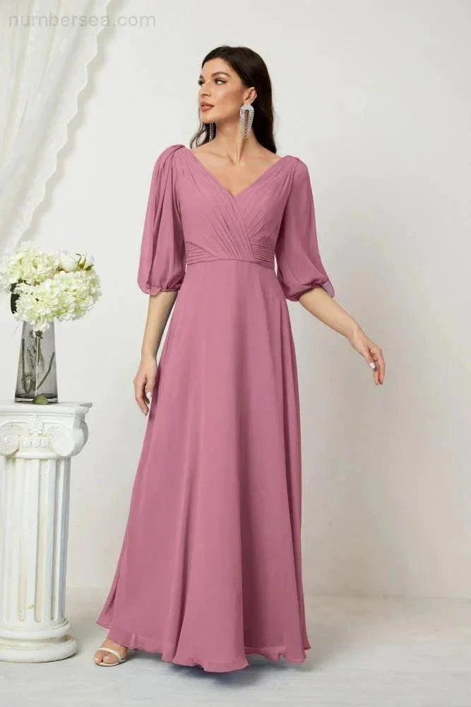 Numbersea  Formal Prom Gown Women V-Neck Chiffon Bridesmaid Dresses Long Bishop Sleeve Party Dress 2807 - Image 43