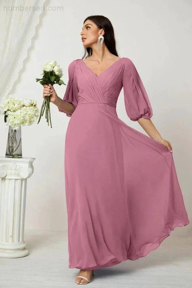 Numbersea  Formal Prom Gown Women V-Neck Chiffon Bridesmaid Dresses Long Bishop Sleeve Party Dress 2807 - Image 44