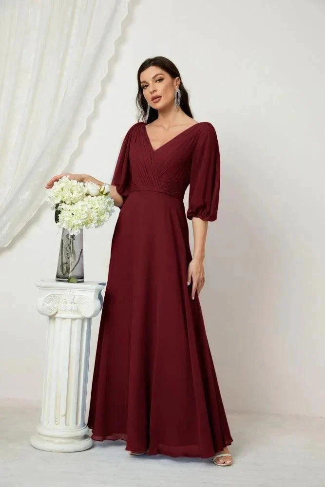 Numbersea  Formal Prom Gown Women V-Neck Chiffon Bridesmaid Dresses Long Bishop Sleeve Party Dress 2807 - Image 45