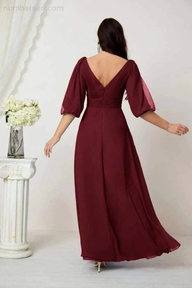 Numbersea  Formal Prom Gown Women V-Neck Chiffon Bridesmaid Dresses Long Bishop Sleeve Party Dress 2807 - Image 46