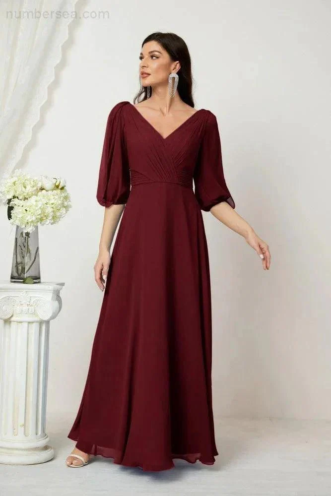 Numbersea  Formal Prom Gown Women V-Neck Chiffon Bridesmaid Dresses Long Bishop Sleeve Party Dress 2807 - Image 47