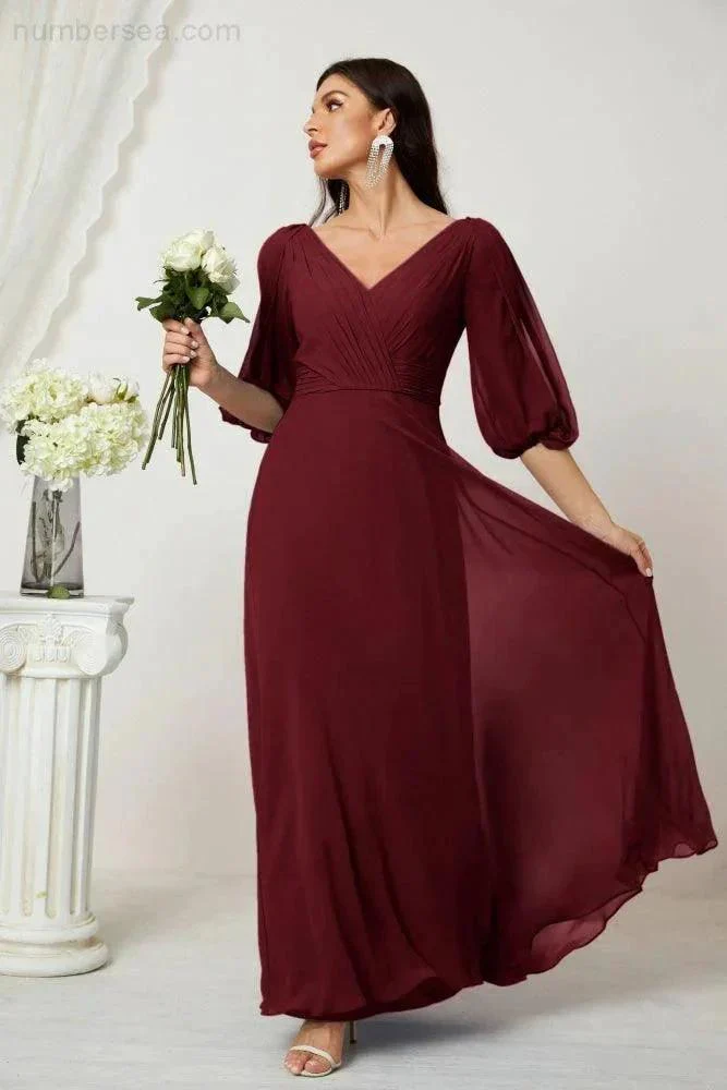 Numbersea  Formal Prom Gown Women V-Neck Chiffon Bridesmaid Dresses Long Bishop Sleeve Party Dress 2807 - Image 48