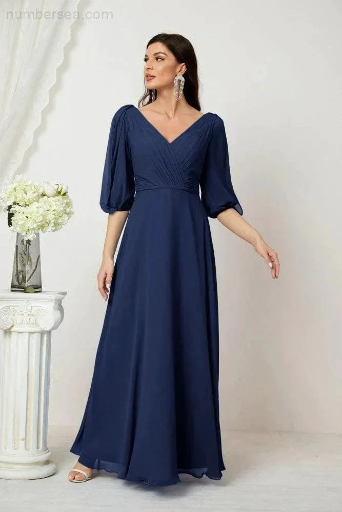 Numbersea  Formal Prom Gown Women V-Neck Chiffon Bridesmaid Dresses Long Bishop Sleeve Party Dress 2807 - Image 51