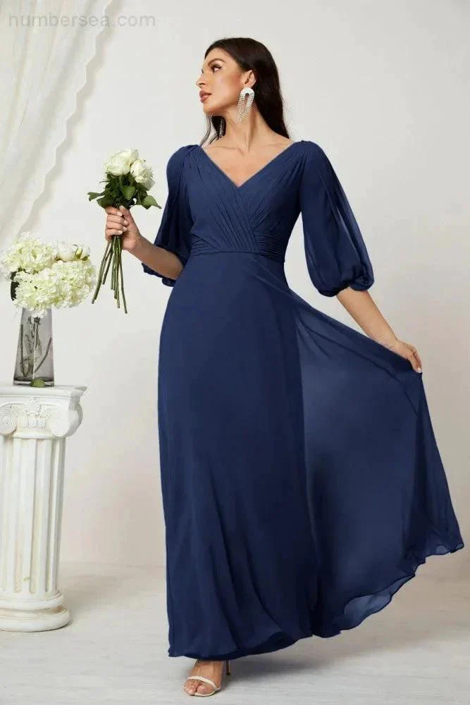 Numbersea  Formal Prom Gown Women V-Neck Chiffon Bridesmaid Dresses Long Bishop Sleeve Party Dress 2807 - Image 52