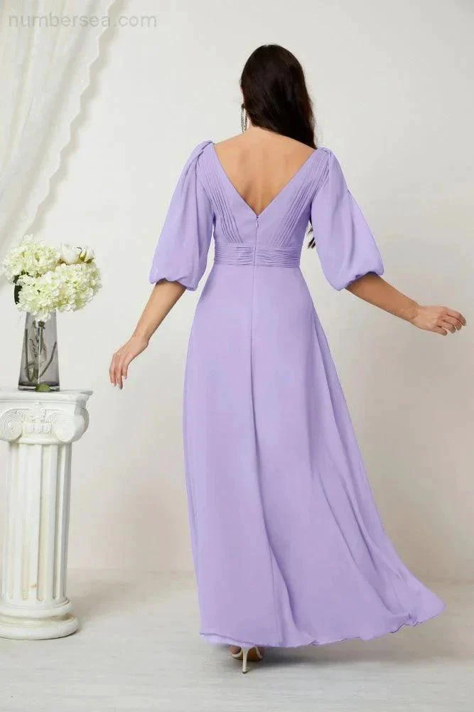 Numbersea  Formal Prom Gown Women V-Neck Chiffon Bridesmaid Dresses Long Bishop Sleeve Party Dress 2807 - Image 54