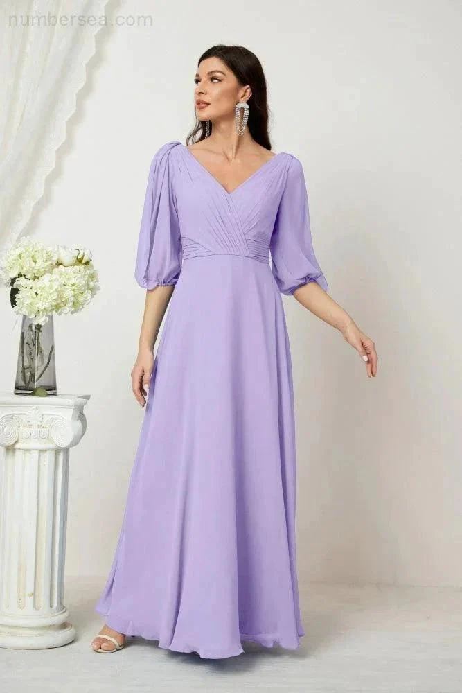 Numbersea  Formal Prom Gown Women V-Neck Chiffon Bridesmaid Dresses Long Bishop Sleeve Party Dress 2807 - Image 55