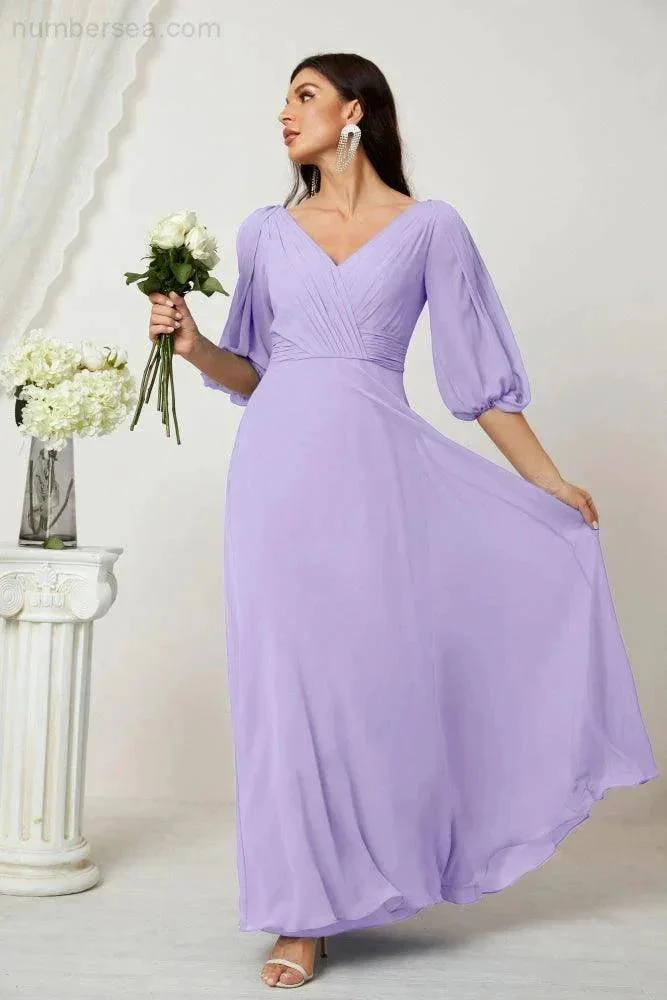 Numbersea  Formal Prom Gown Women V-Neck Chiffon Bridesmaid Dresses Long Bishop Sleeve Party Dress 2807 - Image 56