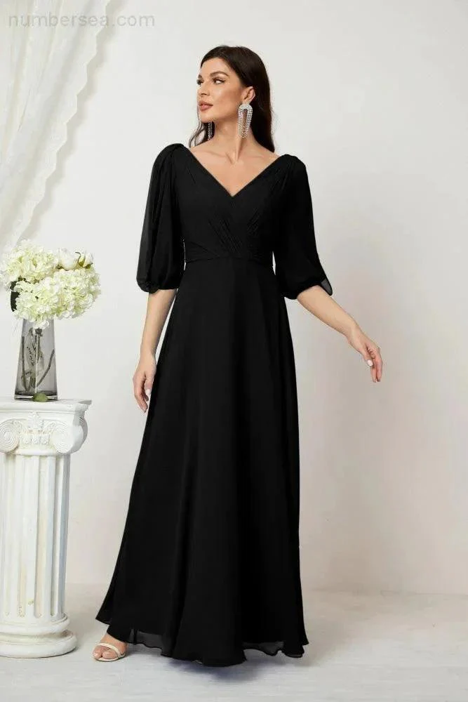 Numbersea  Formal Prom Gown Women V-Neck Chiffon Bridesmaid Dresses Long Bishop Sleeve Party Dress 2807 - Image 59