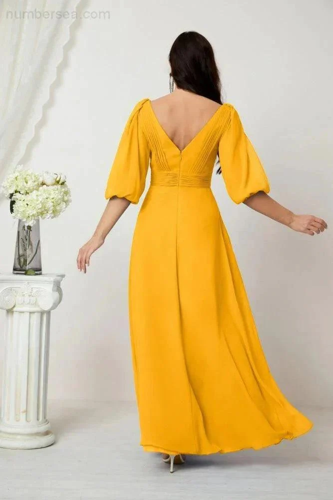 Numbersea  Formal Prom Gown Women V-Neck Chiffon Bridesmaid Dresses Long Bishop Sleeve Party Dress 2807 - Image 6