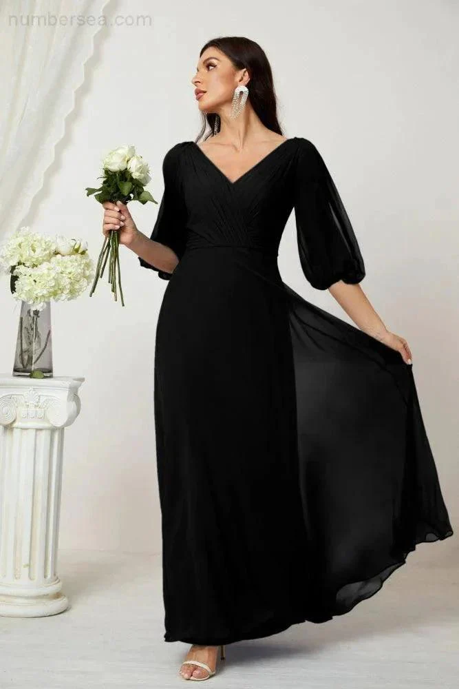Numbersea  Formal Prom Gown Women V-Neck Chiffon Bridesmaid Dresses Long Bishop Sleeve Party Dress 2807 - Image 60