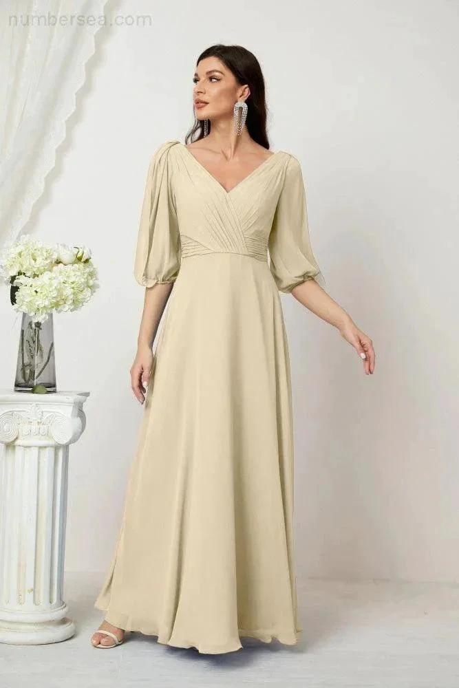 Numbersea  Formal Prom Gown Women V-Neck Chiffon Bridesmaid Dresses Long Bishop Sleeve Party Dress 2807 - Image 63