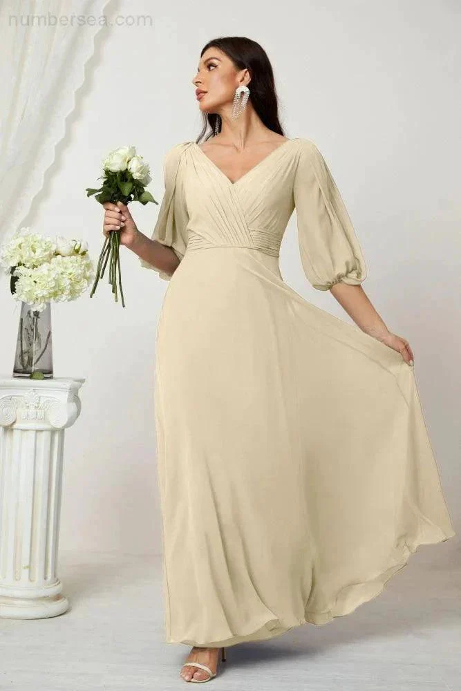Numbersea  Formal Prom Gown Women V-Neck Chiffon Bridesmaid Dresses Long Bishop Sleeve Party Dress 2807 - Image 64