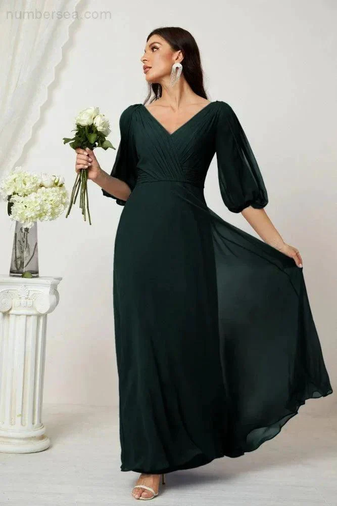 Numbersea  Formal Prom Gown Women V-Neck Chiffon Bridesmaid Dresses Long Bishop Sleeve Party Dress 2807 - Image 68
