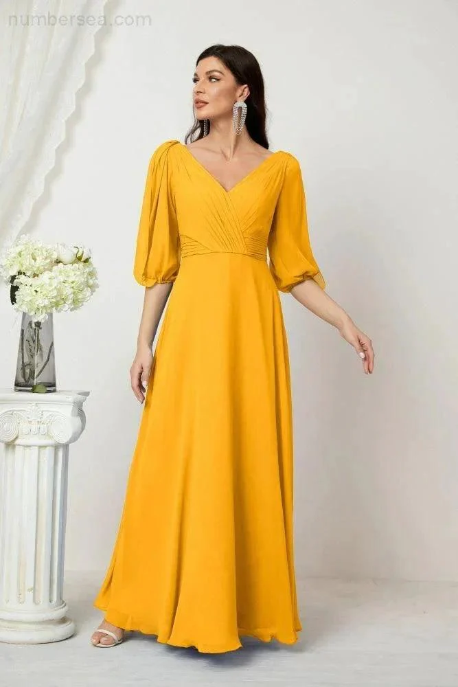Numbersea  Formal Prom Gown Women V-Neck Chiffon Bridesmaid Dresses Long Bishop Sleeve Party Dress 2807 - Image 7