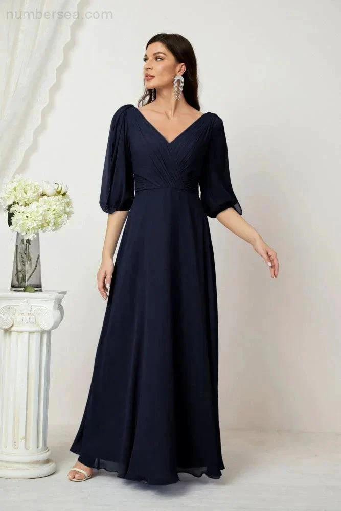 Numbersea  Formal Prom Gown Women V-Neck Chiffon Bridesmaid Dresses Long Bishop Sleeve Party Dress 2807 - Image 71