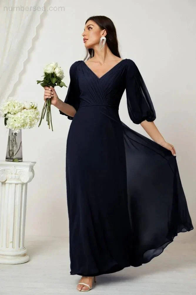 Numbersea  Formal Prom Gown Women V-Neck Chiffon Bridesmaid Dresses Long Bishop Sleeve Party Dress 2807 - Image 72