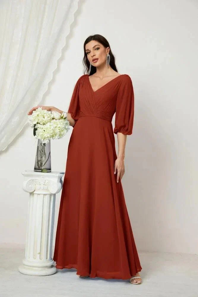 Numbersea  Formal Prom Gown Women V-Neck Chiffon Bridesmaid Dresses Long Bishop Sleeve Party Dress 2807 - Image 73