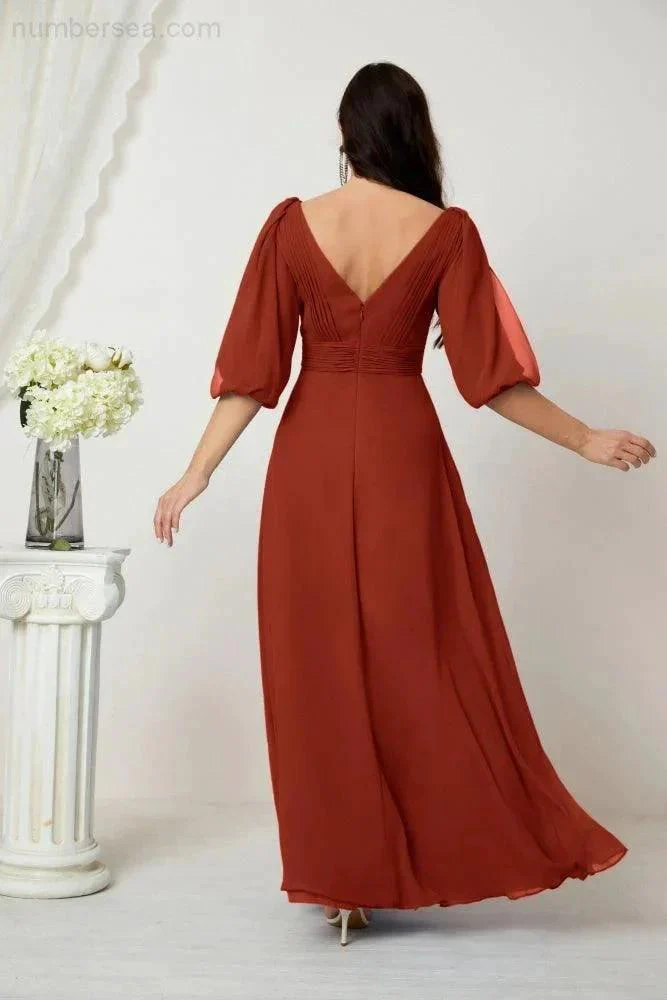 Numbersea  Formal Prom Gown Women V-Neck Chiffon Bridesmaid Dresses Long Bishop Sleeve Party Dress 2807 - Image 74
