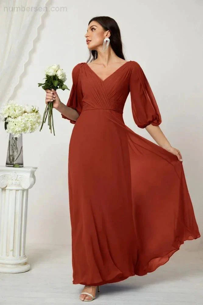 Numbersea  Formal Prom Gown Women V-Neck Chiffon Bridesmaid Dresses Long Bishop Sleeve Party Dress 2807 - Image 75