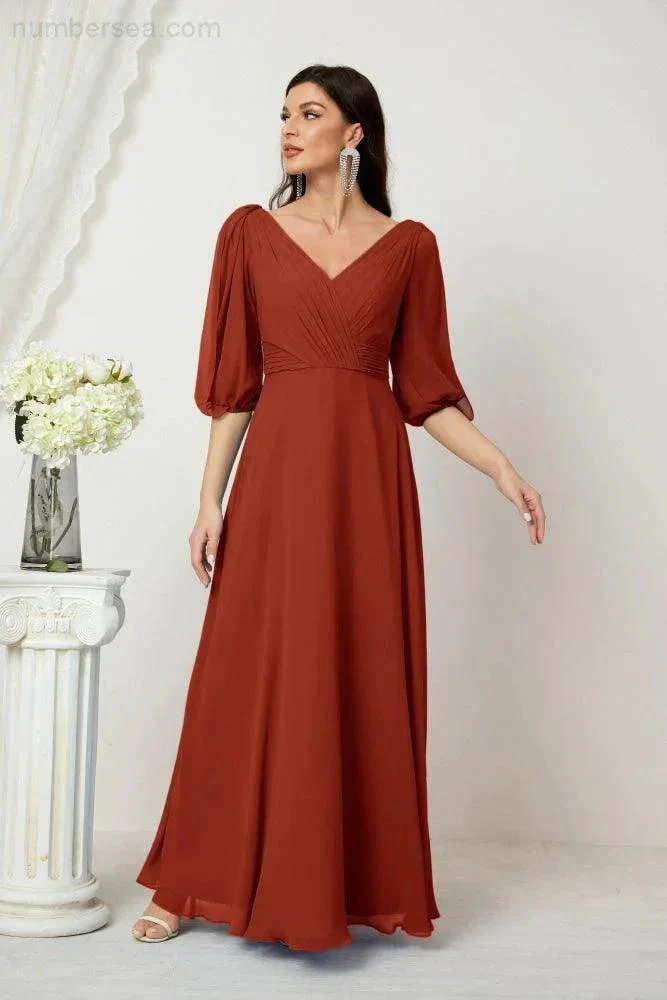 Numbersea  Formal Prom Gown Women V-Neck Chiffon Bridesmaid Dresses Long Bishop Sleeve Party Dress 2807 - Image 76
