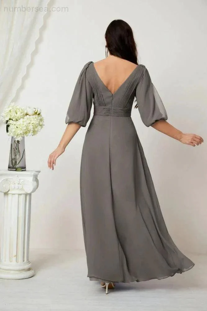 Numbersea  Formal Prom Gown Women V-Neck Chiffon Bridesmaid Dresses Long Bishop Sleeve Party Dress 2807 - Image 78