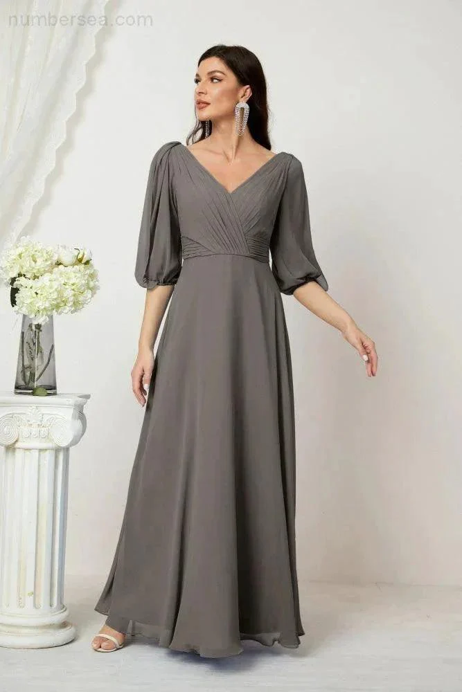 Numbersea  Formal Prom Gown Women V-Neck Chiffon Bridesmaid Dresses Long Bishop Sleeve Party Dress 2807 - Image 79
