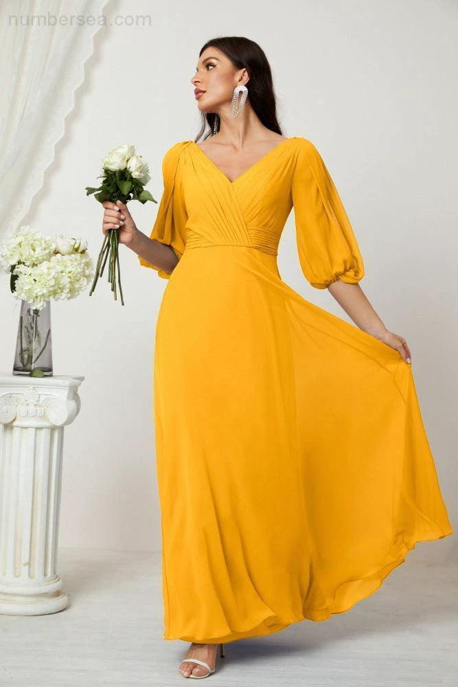 Numbersea  Formal Prom Gown Women V-Neck Chiffon Bridesmaid Dresses Long Bishop Sleeve Party Dress 2807 - Image 8