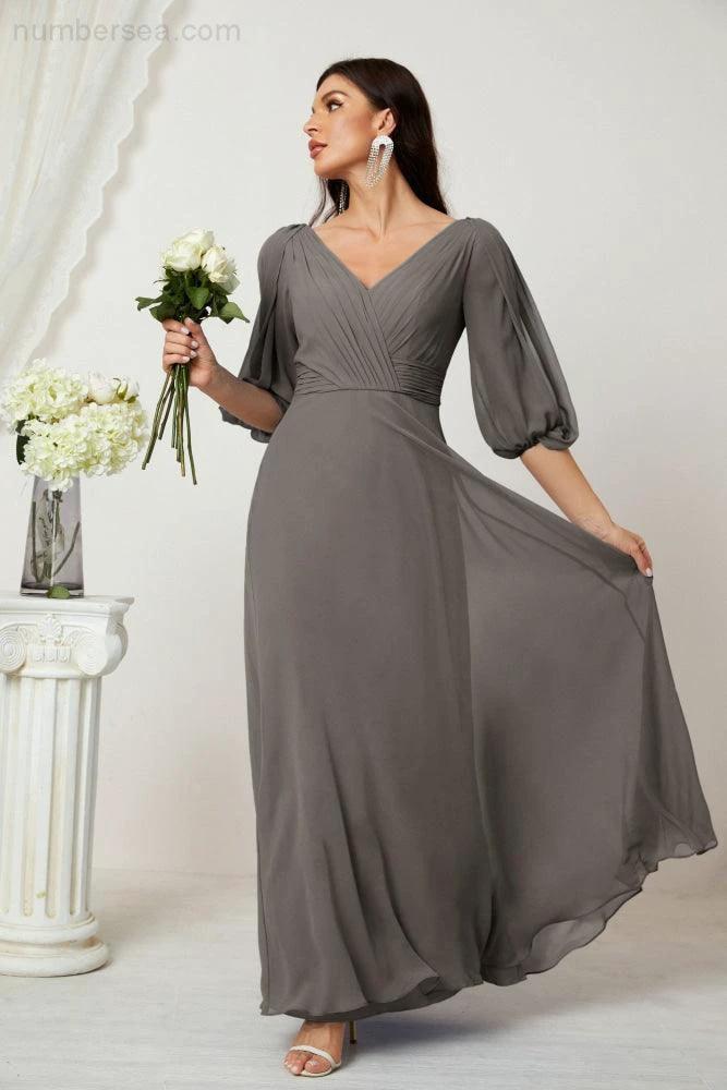 Numbersea  Formal Prom Gown Women V-Neck Chiffon Bridesmaid Dresses Long Bishop Sleeve Party Dress 2807 - Image 80