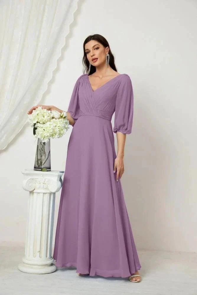 Numbersea  Formal Prom Gown Women V-Neck Chiffon Bridesmaid Dresses Long Bishop Sleeve Party Dress 2807 - Image 81