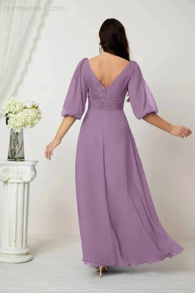 Numbersea  Formal Prom Gown Women V-Neck Chiffon Bridesmaid Dresses Long Bishop Sleeve Party Dress 2807 - Image 82