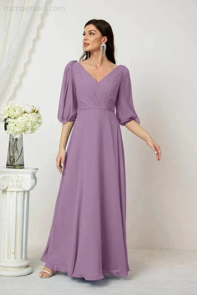 Numbersea  Formal Prom Gown Women V-Neck Chiffon Bridesmaid Dresses Long Bishop Sleeve Party Dress 2807 - Image 83