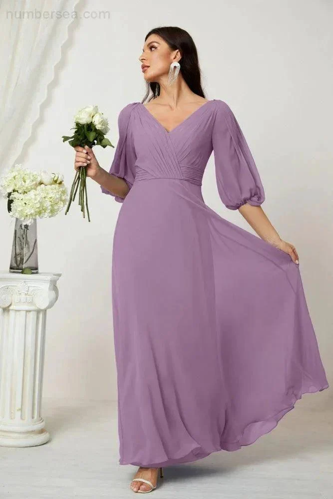 Numbersea  Formal Prom Gown Women V-Neck Chiffon Bridesmaid Dresses Long Bishop Sleeve Party Dress 2807 - Image 84