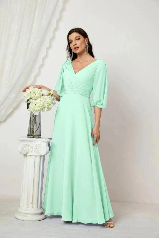 Numbersea  Formal Prom Gown Women V-Neck Chiffon Bridesmaid Dresses Long Bishop Sleeve Party Dress 2807 - Image 85