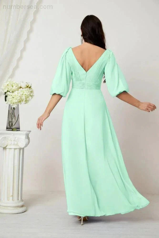 Numbersea  Formal Prom Gown Women V-Neck Chiffon Bridesmaid Dresses Long Bishop Sleeve Party Dress 2807 - Image 86