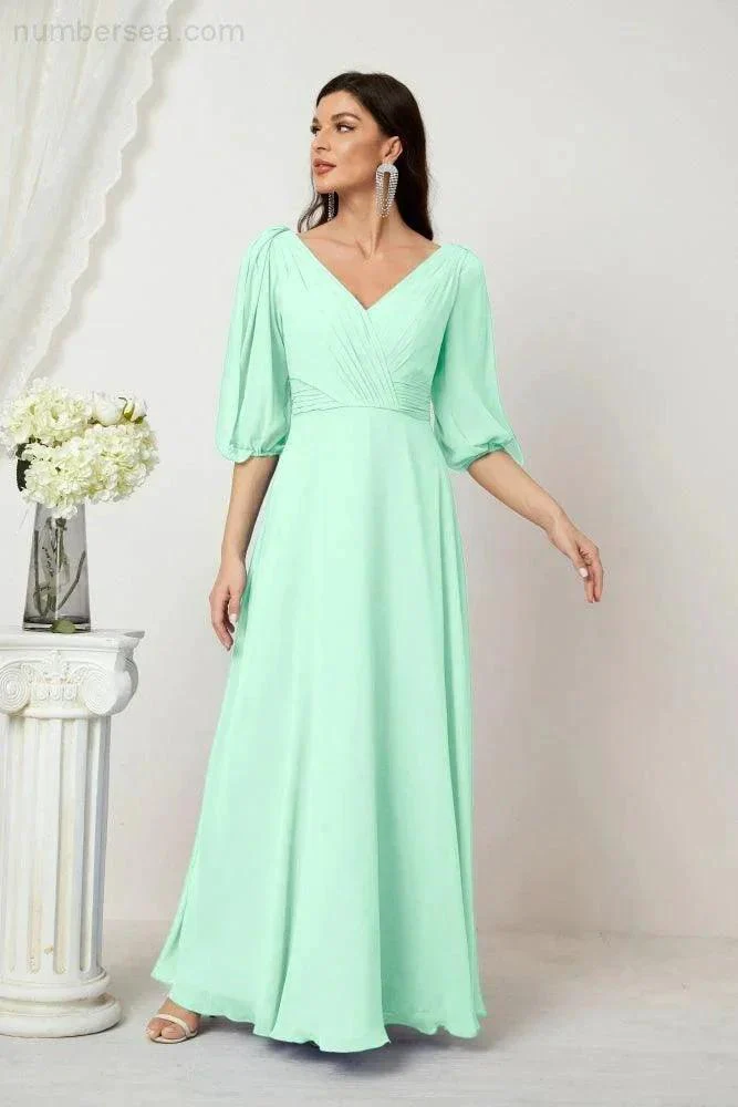 Numbersea  Formal Prom Gown Women V-Neck Chiffon Bridesmaid Dresses Long Bishop Sleeve Party Dress 2807 - Image 87