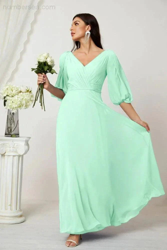 Numbersea  Formal Prom Gown Women V-Neck Chiffon Bridesmaid Dresses Long Bishop Sleeve Party Dress 2807 - Image 88