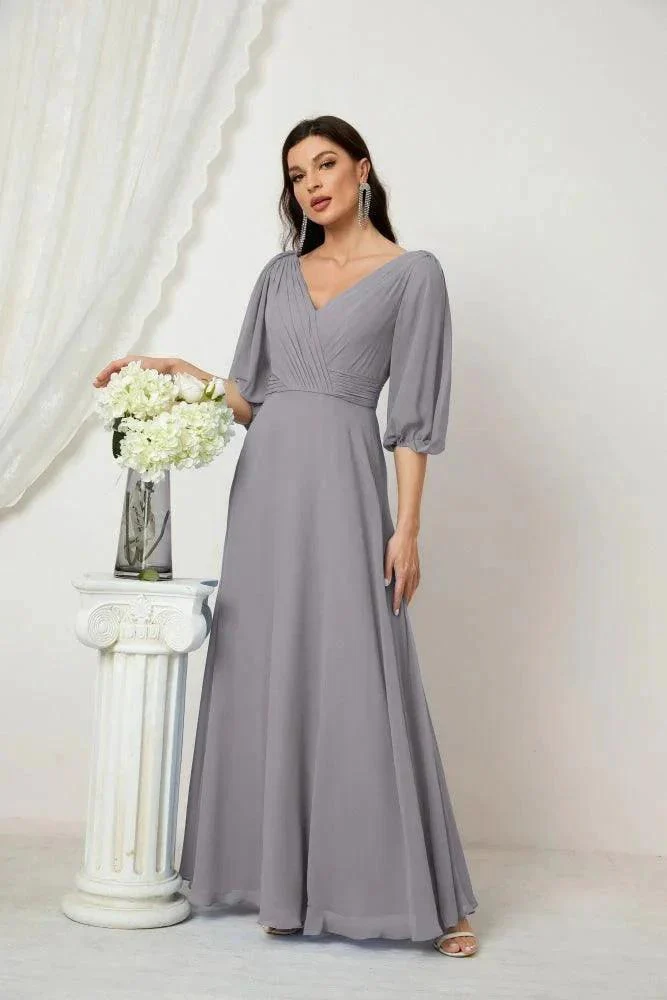 Numbersea  Formal Prom Gown Women V-Neck Chiffon Bridesmaid Dresses Long Bishop Sleeve Party Dress 2807 - Image 9