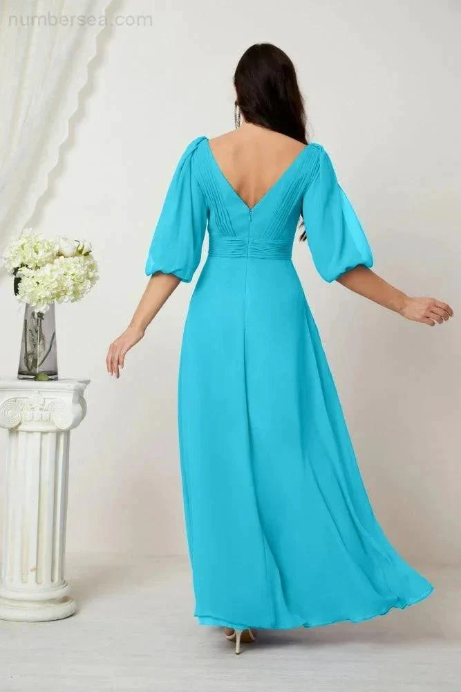 Numbersea  Formal Prom Gown Women V-Neck Chiffon Bridesmaid Dresses Long Bishop Sleeve Party Dress 2807 - Image 90