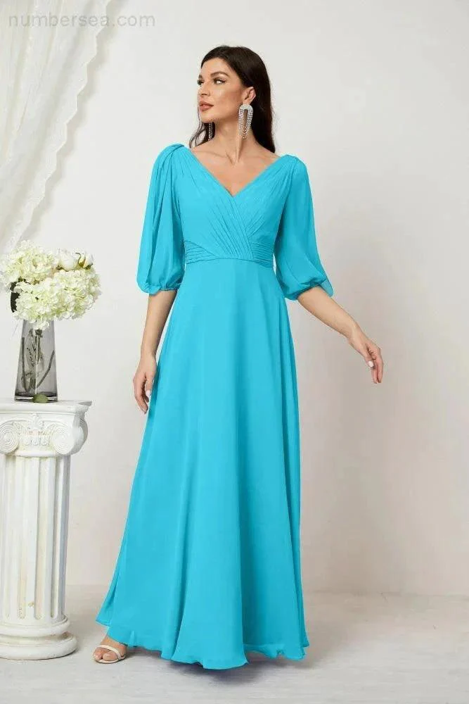 Numbersea  Formal Prom Gown Women V-Neck Chiffon Bridesmaid Dresses Long Bishop Sleeve Party Dress 2807 - Image 91