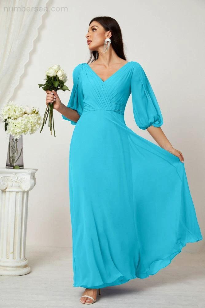 Numbersea  Formal Prom Gown Women V-Neck Chiffon Bridesmaid Dresses Long Bishop Sleeve Party Dress 2807 - Image 92