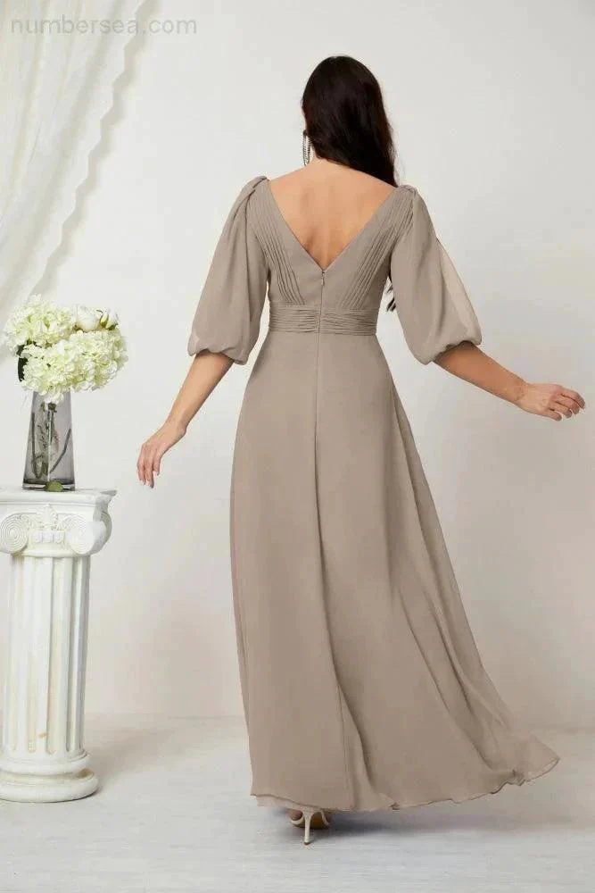 Numbersea  Formal Prom Gown Women V-Neck Chiffon Bridesmaid Dresses Long Bishop Sleeve Party Dress 2807 - Image 94