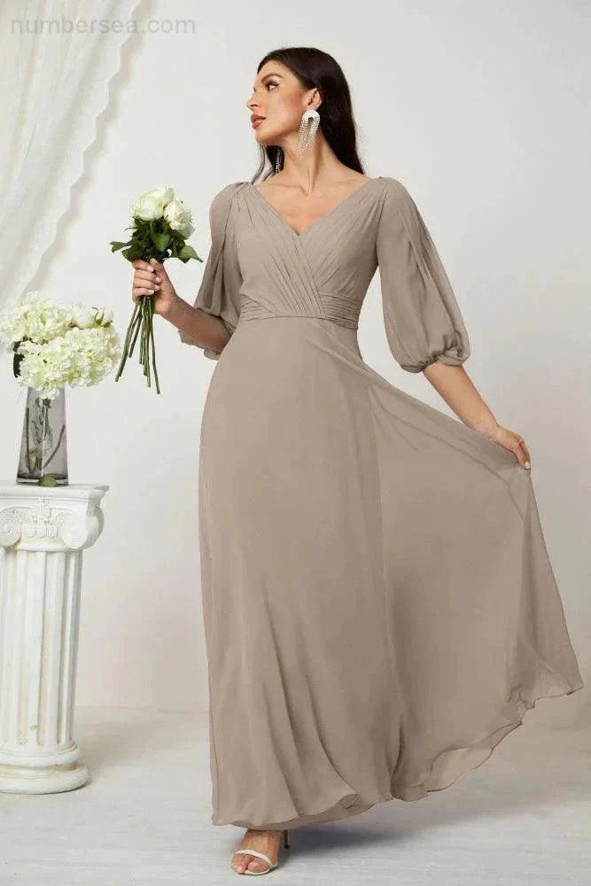 Numbersea  Formal Prom Gown Women V-Neck Chiffon Bridesmaid Dresses Long Bishop Sleeve Party Dress 2807 - Image 96