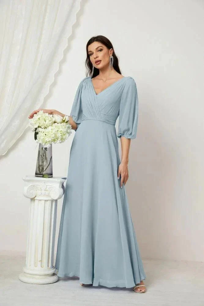 Numbersea  Formal Prom Gown Women V-Neck Chiffon Bridesmaid Dresses Long Bishop Sleeve Party Dress 2807 - Image 97