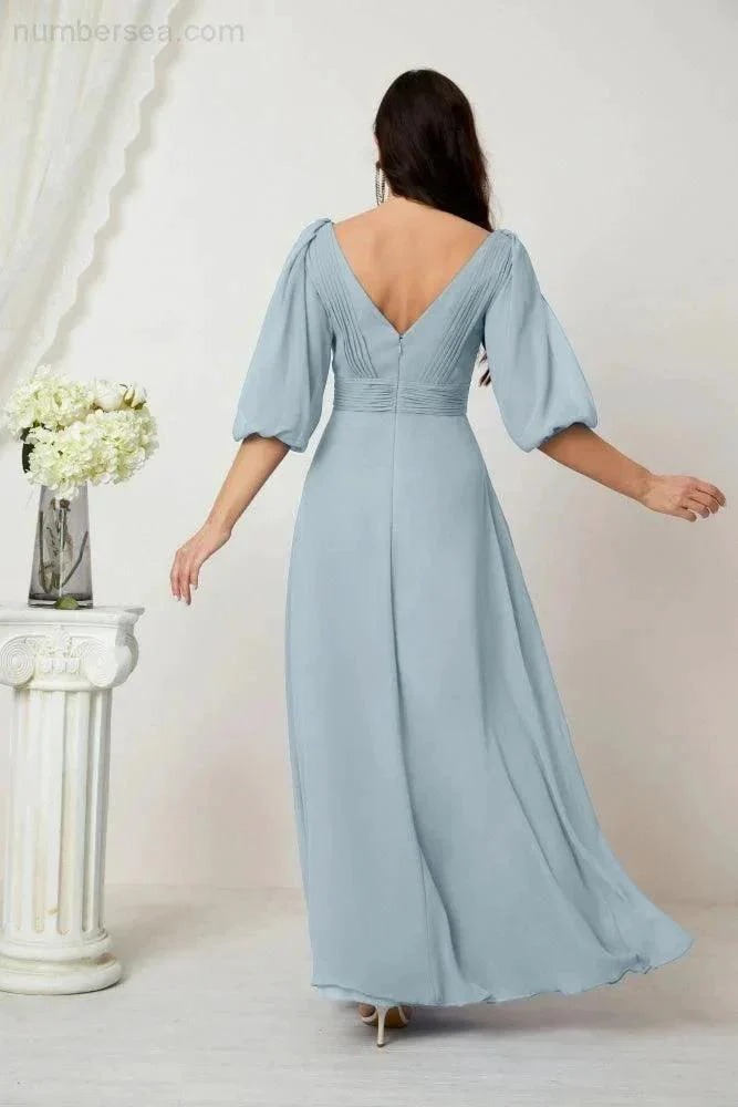 Numbersea  Formal Prom Gown Women V-Neck Chiffon Bridesmaid Dresses Long Bishop Sleeve Party Dress 2807 - Image 98