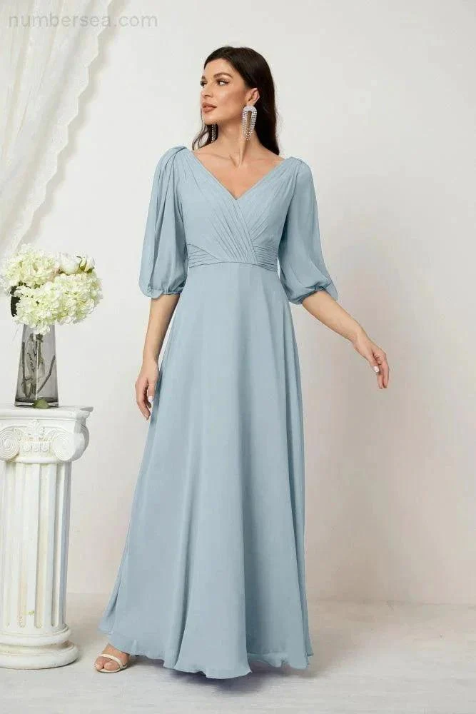 Numbersea  Formal Prom Gown Women V-Neck Chiffon Bridesmaid Dresses Long Bishop Sleeve Party Dress 2807 - Image 99